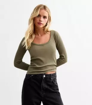 Топ Petite цвета хаки в рубчик с овальным вырезом и длинными рукавами New Look, хаки