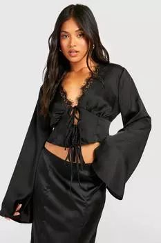 Топ petite с кружевной отделкой Boohoo, черный