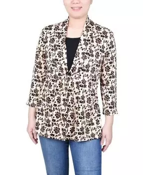 Топ Petite с объемным принтом и рукавами 3/4 Two-Fer NY Collection, цвет Nude Black Floral