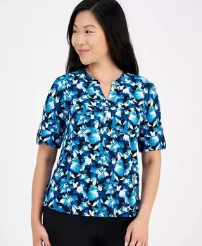 Топ Petite с разрезом на шее и рукавами до локтя с принтом AK Anne Klein, мультиколор