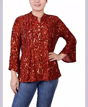 Топ petite с y-образным вырезом и рукавами три четверти с напуском и расклешенными рукавами NY Collection, мульти