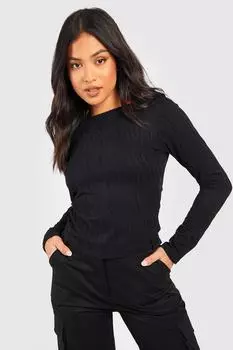 Топ petite wave с принтом, длинными рукавами, изогнутым нимом Boohoo, черный