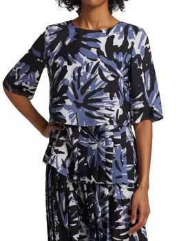 Топ Piazza Sempione с абстрактным принтом пальмы и складками по подолу, синий / белый