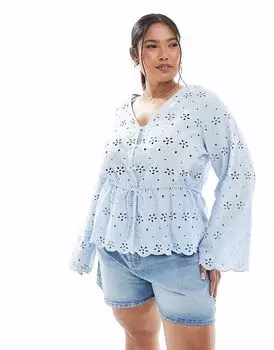 Топ Pieces Curve с пуговицами спереди, завязкой на талии, вышитый бисером, синего цвета Pieces Plus