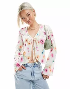 Топ Pieces plisse с длинными рукавами и завязкой спереди, с белым цветочным принтом