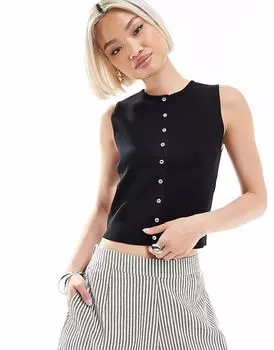 Топ Pimkie из тонкого трикотажа без рукавов на пуговицах черного цвета