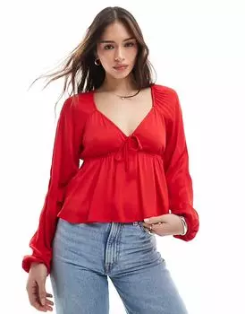 Топ Pimkie с длинными рукавами и баской, завязывающийся спереди, красного цвета