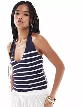 Топ Pimkie тонкой вязки с V-образным вырезом и американской проймой в синюю и белую полоску
