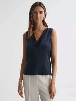 Топ Pippa из смесового шелка с V-образным вырезом Reiss, темно-синий