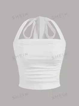 Топ плиссированный Shein Ezwear с лямкой на шее, белый