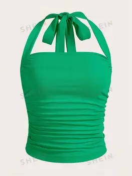 Топ плиссированный Shein Ezwear с лямкой на шее, зеленый