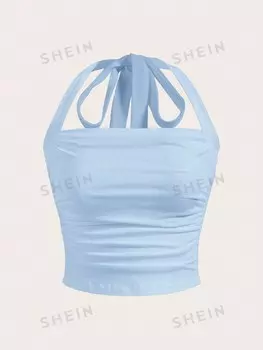 Топ плиссированный Shein Ezwear с лямкой на шее, голубой