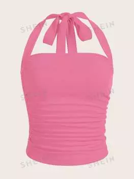 Топ плиссированный Shein Ezwear с лямкой на шее, розовый