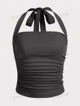 Топ плиссированный Shein Ezwear с лямкой на шее, темно-серый