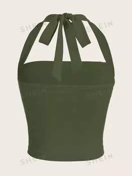 Топ плиссированный Shein Ezwear с лямкой на шее, зеленый