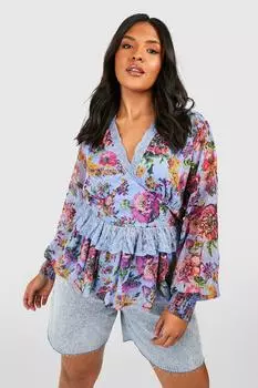 Топ plus с кружевным топом с баской с принтом добби Boohoo, синий