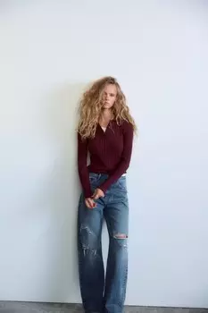 Топ-поло с кабельной вязкой ZARA, темно-бордовый