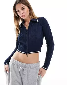 Топ-поло с косичным узором в темно-синем цвете Bershka