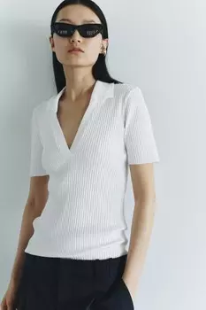 Топ-поло с ребристом ZARA, белый