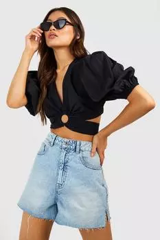 Топ поплин с вырезом на спине, рукавами-буфами Boohoo, черный