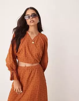 Топ премиум-класса ASOS DESIGN coord с объемными рукавами и вышивкой коричневого цвета