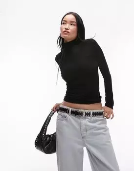 Топ премиум-класса с длинными рукавами и воротником-стойкой в рубчик черного цвета Topshop