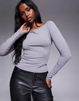 Топ премиум-класса с длинными рукавами и вырезом-лодочкой в сером цвете - СЕРЫЙ ASOS DESIGN