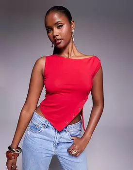 Топ Princess Polly с широким вырезом и асимметричной отделкой на кнопках красного цвета