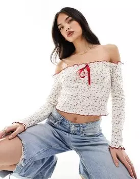 Топ-пуанте ASOS с вырезом кармен и цветочным принтом вишни цвета слоновой кости