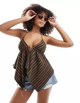 Топ Pull&Bear с воротником-халтером в полоску из люрекса и драпированной кромкой в зеленую полоску