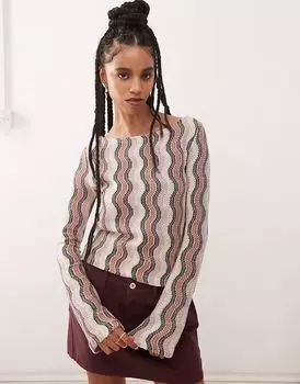 Топ Reclaimed Vintage с волнистыми рукавами-клеш, вязанный крючком, с косым вырезом в полоску