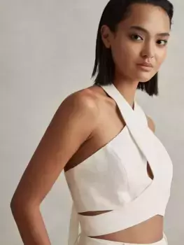 Топ Reiss Reiss Abigail Linen Halterneck Crossover Cropped, белый