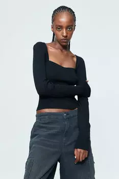 Топ рельефной вязки с вырезом сердечком H&M, черный