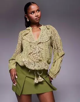 Топ River Island с длинными рукавами и кружевными оборками светло-зеленого цвета