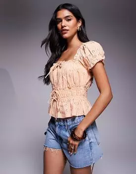 Топ River Island с присборенными рукавами-буфами в коралловом цвете