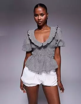 Топ River Island в клетку виши с рукавами-фонариками, черный