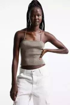 Топ с эластичной вязкой и декоративной завязкой H&M, бежевый