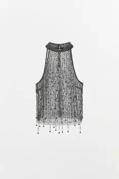 Топ с бахромой из бисера ZARA, серебряный