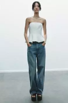 Топ с баской без бретелек ZARA, белый
