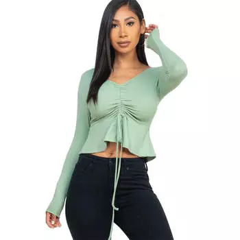 Топ с баской и длинными рукавами, завязывающийся спереди на резинку FASHNZFAB, цвет green bay
