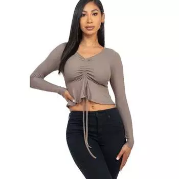 Топ с баской и длинными рукавами, завязывающийся спереди на резинку FASHNZFAB, серо-коричневый