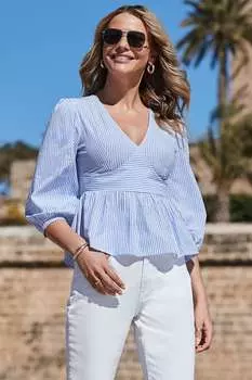 Топ с баской и полосатым принтом Sosandar, синий