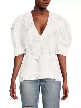 Топ с баской и присборенной талией с цветочным принтом Ganni, белый