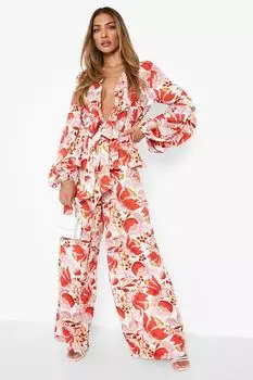 Топ с баской и широкие брюки Boohoo, красный