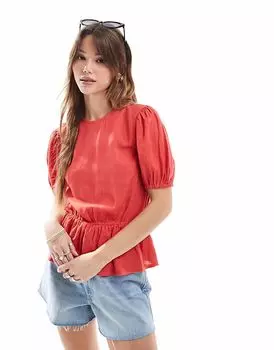 Топ с баской из льняного микса ASOS DESIGN красного цвета с рукавами-фонариками