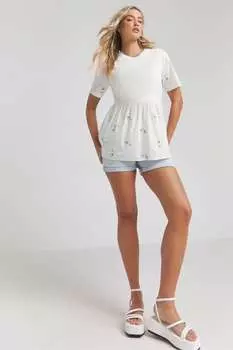 Топ с баской с цветочной вышивкой Simply Be, бежевый