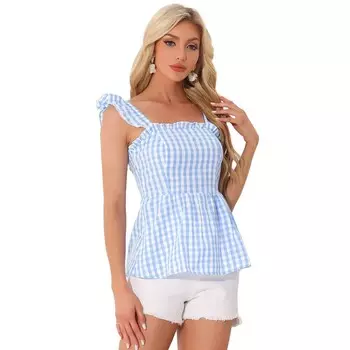 Топ с баской в мелкую клетку для женщин, летняя клетчатая блузка без рукавов с квадратным вырезом ALLEGRA K, синий