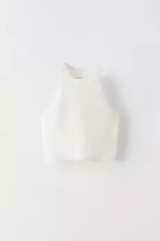 Топ с бретельками через шею в рубчик ZARA, белый