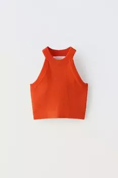 Топ с бретельками через шею в рубчик ZARA, красный/оранжевый