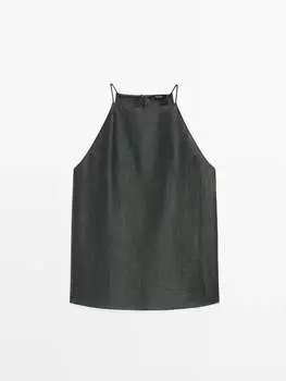 Топ с бретельками из смесового льна Massimo Dutti, зеленый